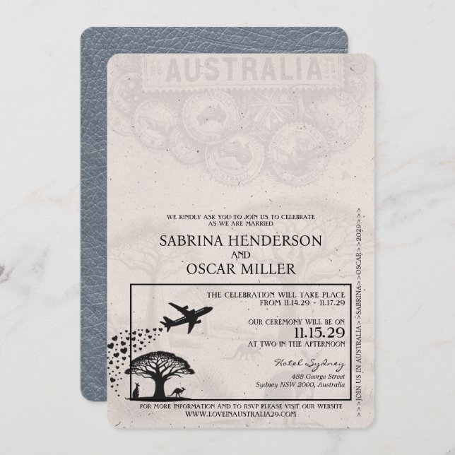 Silver Australia Passport Wedding Invitation (Front/Back)