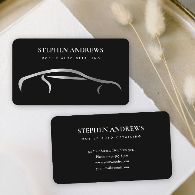 Silver Auto Detailing Cleaning Auto Repair Black Business Card (Silver Auto Detailing Cleaning Auto Repair Black Business Card)