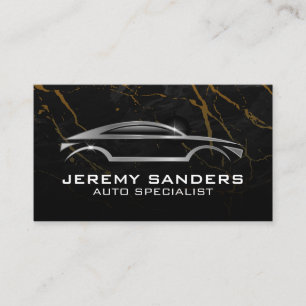 Silver Auto Logo   Black Marble Background Business Card