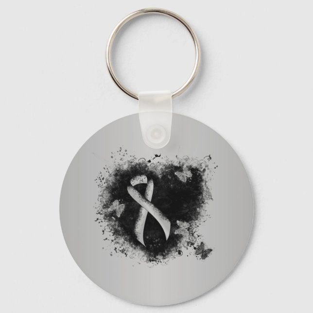 Silver Awareness Ribbon Grunge Heart Key Ring (Front)