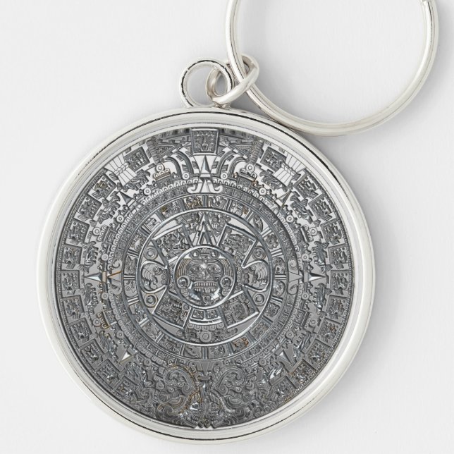 Silver Aztec Calendar Key Ring (Front)