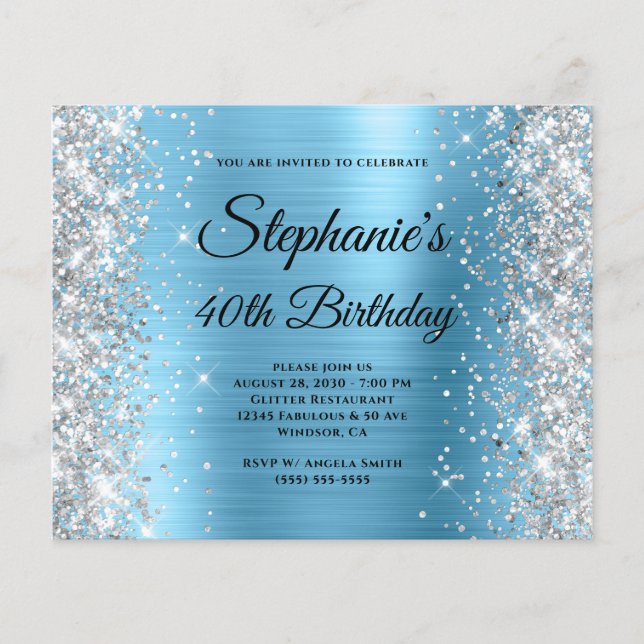 Silver Baby Blue Glam Monogram 40th Birthday Flyer (Front)