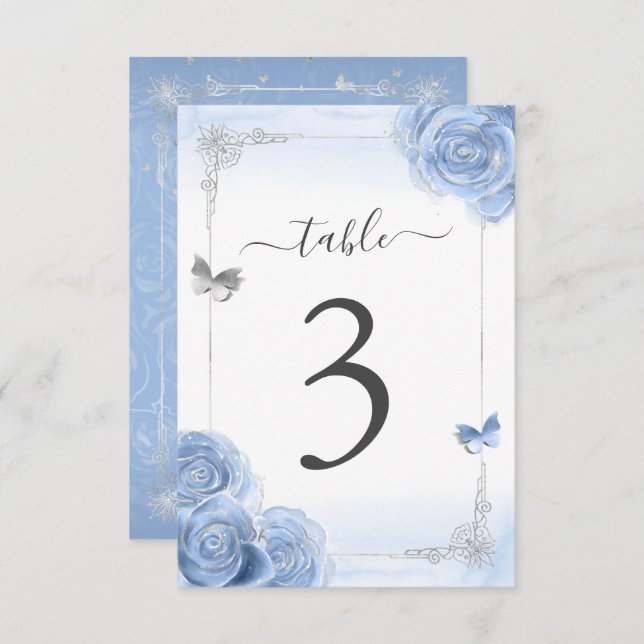 Silver Baby Blue Roses Elegant Table Number Card (Front/Back)