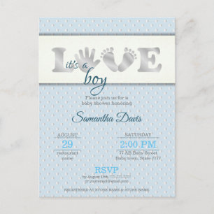 Silver Baby Boy LOVE and Hearts Baby Shower Invitation Postcard