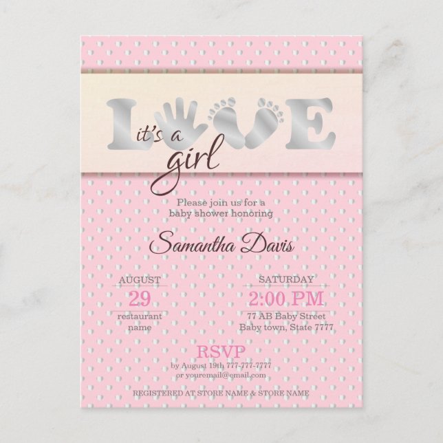 Silver Baby Girl LOVE and Hearts Baby Shower Invitation Postcard (Front)