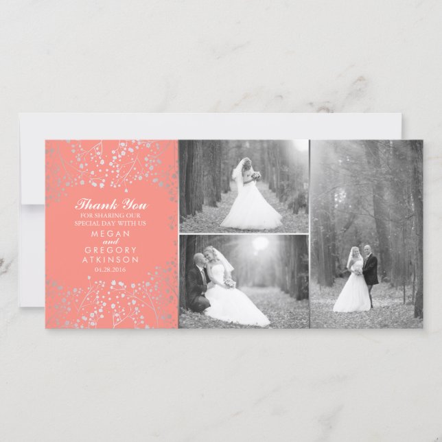 Silver Baby's Breath Coral Wedding Photo Thank You Card (Front)