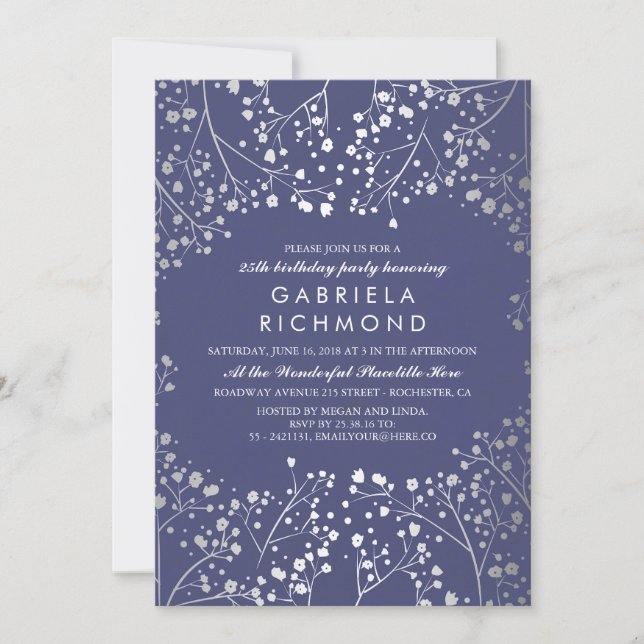 Silver Baby's Breath Elegant Navy Birthday Party Invitation (Front)