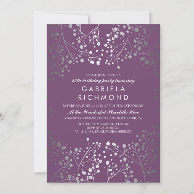 Silver Baby's Breath Elegant Plum Birthday Party Invitation (Front)