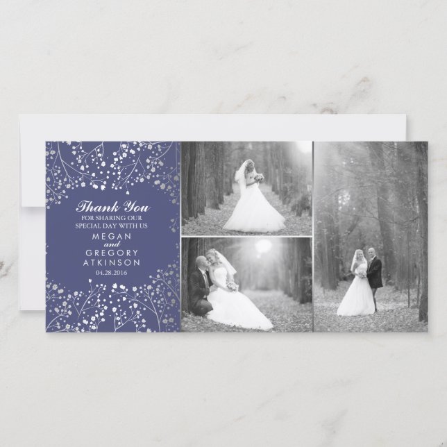 Silver Baby's Breath Navy Wedding Photo Thank You (Front)