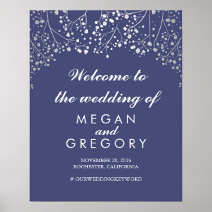 Silver Baby's Breath Wedding Welcome Sign Navy