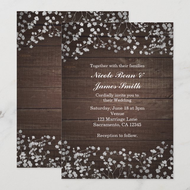 Silver Baby's Breath & Wood Wedding Invitations (Front/Back)