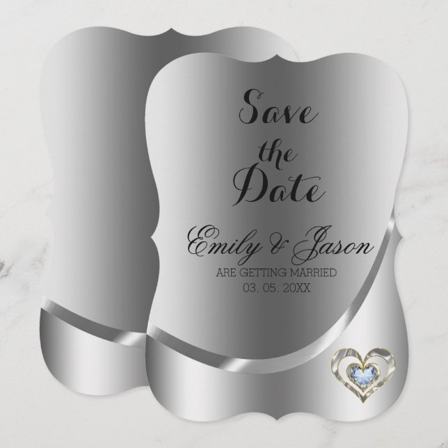 Silver Background And Diamond Heart-Save The Date Invitation (Front/Back)