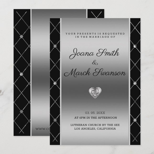 Silver background And Heart Wedding Invitation (Front/Back)