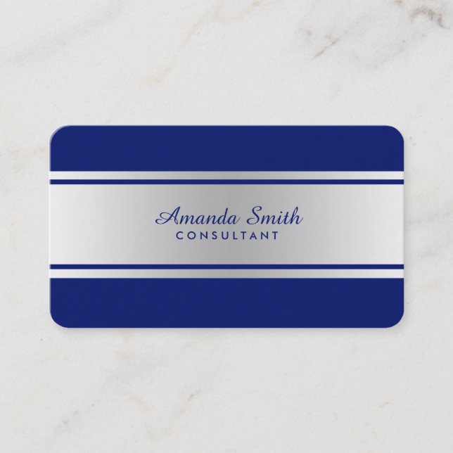 Silver Badge Simple Navy Blue Elegant Professional Business Card (Front)