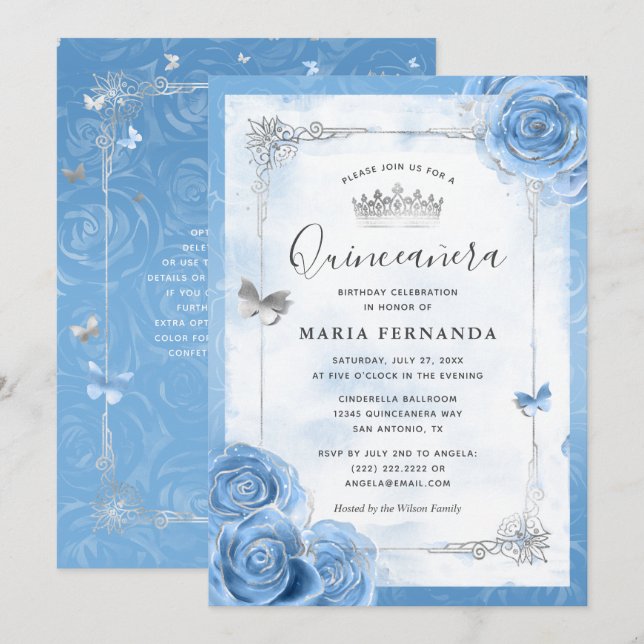 Silver Bahama Blue Roses Elegant Quinceanera Invitation (Front/Back)