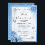Silver Bahama Blue Roses Elegant Quinceanera Invitation<br><div class="desc">Want your invitation stationery to match your bahama blue quinceanera dress? These elegant silver and bahama blue quinceanera invitations are easy to have personalised for your sweet 15/16 birthday party! The light blue luxurious design depicts faux metallic silver butterfly confetti combined with bahama blue watercolor roses illustrated by Raphaela Wilson....</div>
