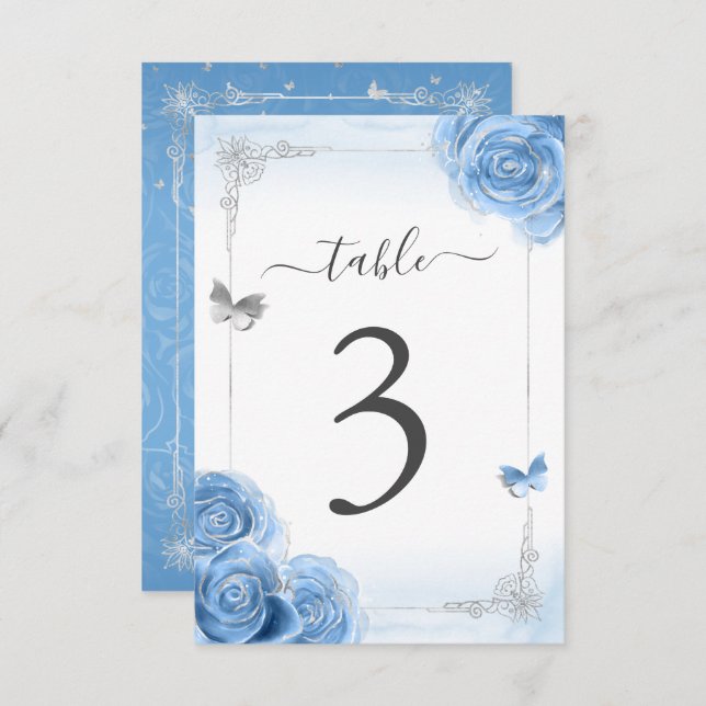 Silver Bahama Blue Roses Elegant Table Number Card (Front/Back)