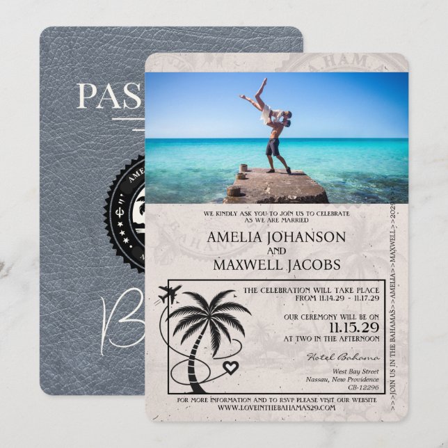 Silver Bahamas Passport Wedding Invitation (Front/Back)