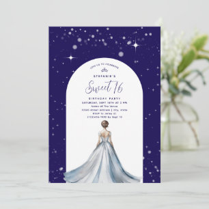Silver Ball Gown Dress Navy Blue Sweet 16 Birthday Invitation