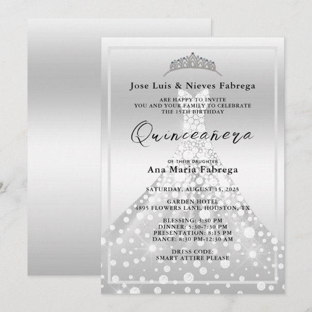 Silver Ball Gown & Tiara Quinceañera Birthday  Invitation (Front/Back)