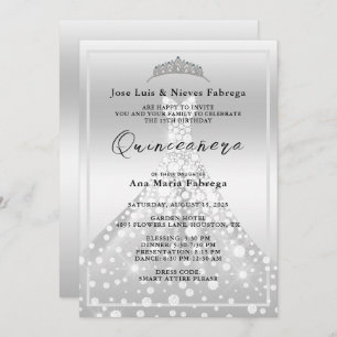 Silver Ball Gown & Tiara Quinceañera Birthday  Invitation