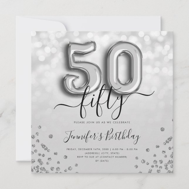 Silver Balloon Glitter 50th Birthday Party Invite (Front)