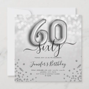 Silver Balloon Glitter 60th Birthday Party Invite