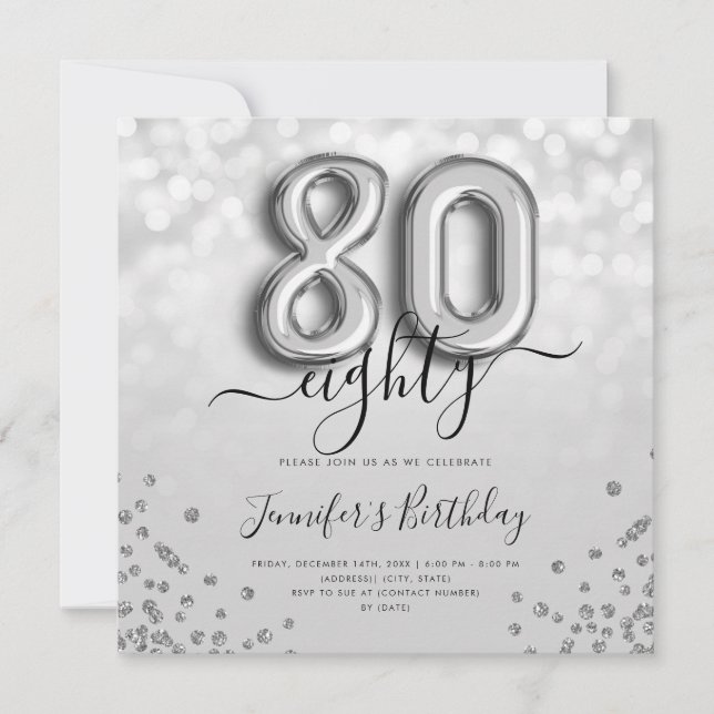 Silver Balloon Glitter 80th Birthday Party Invite (Front)