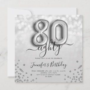 Silver Balloon Glitter 80th Birthday Party Invite