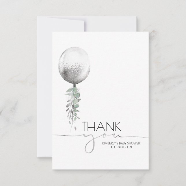 Silver Balloon Greenery Baby Shower Thank You (Front)