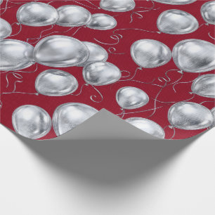 Silver Balloon Party Pattern on Red Wrapping Paper