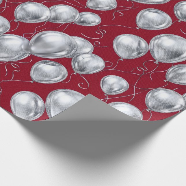 Silver Balloon Party Pattern on Red Wrapping Paper (Corner)