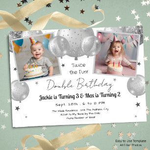 Silver Balloons Double Birthday Kids Party Invitation