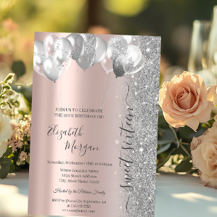 Silver Balloons Glitter Rose Gold Sweet 16 Invitation