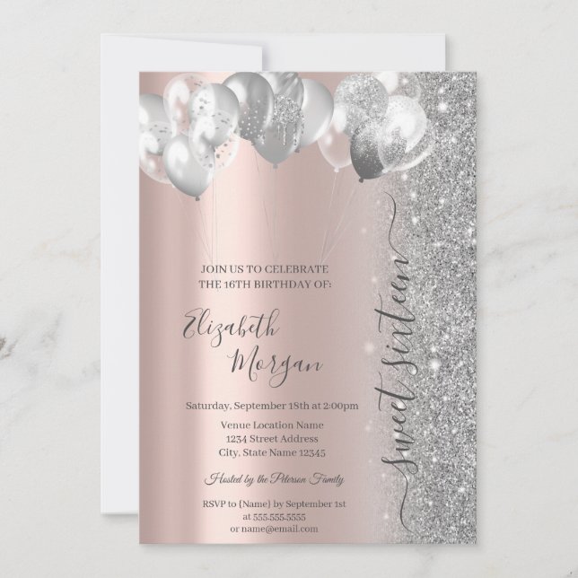 Silver Balloons Glitter Rose Gold Sweet 16 Invitation (Front)