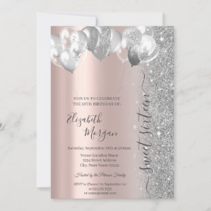 Silver Balloons Glitter Rose Gold Sweet 16 Invitation