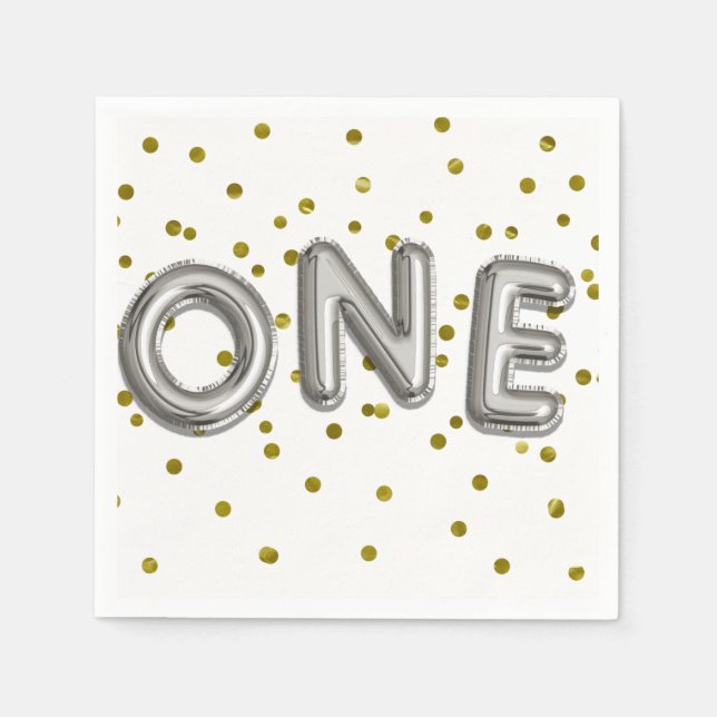 Silver Balloons Gold Confetti ONE 1st Birthday Napkin (Front)