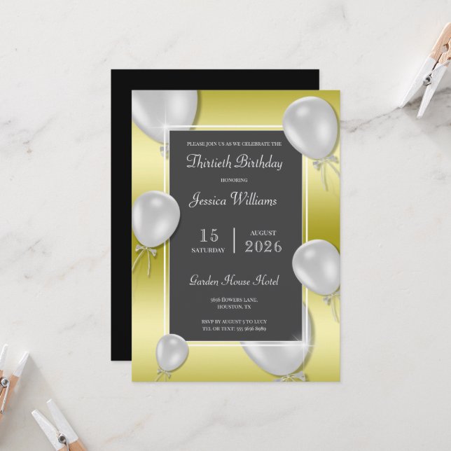 Silver Balloons & Gold Unisex Birthday Party Invitation (Front/Back In Situ)
