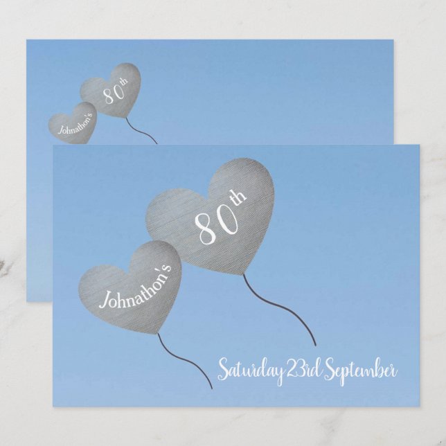 Silver balloons in a blue sky 80th Birthday party Invitation (Front/Back)