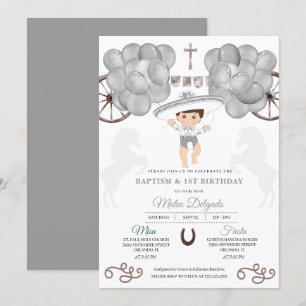 Silver Balloons Mexican Baby Boy Charro Baptism Invitation