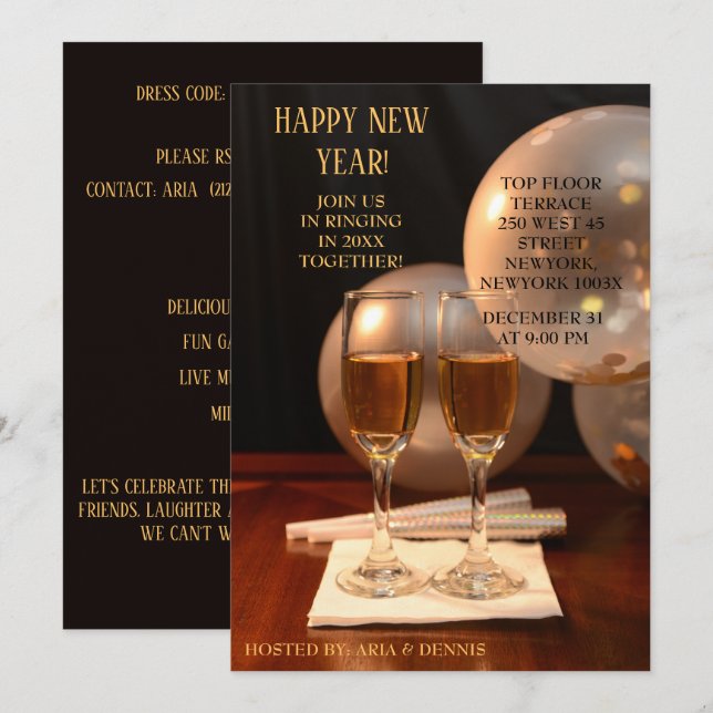 Silver balloons   New Year Champagne Flutes Invitation (Front/Back)