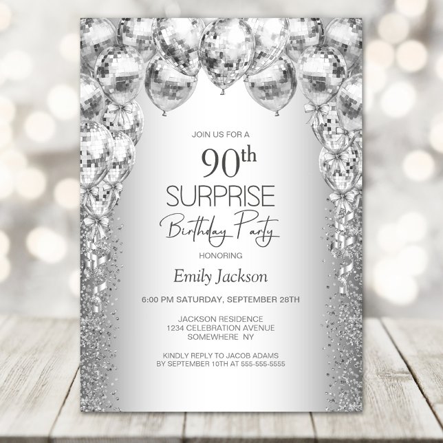 Silver Balloons Surprise 90th Birthday Party Invitation (Creator Uploaded)
