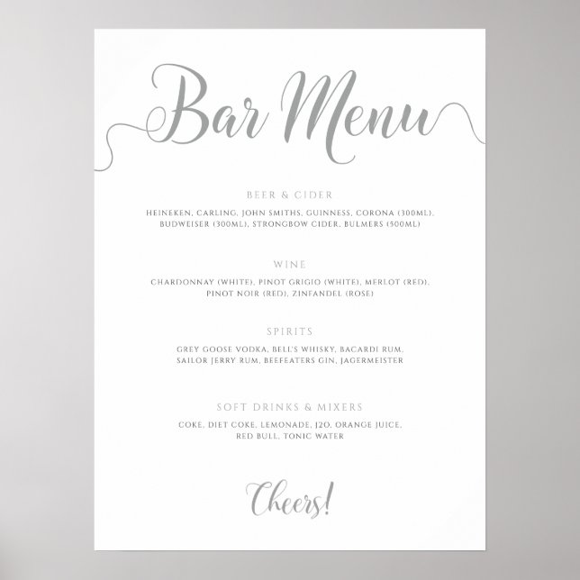 Silver Bar Menu Wedding Drinks Menu Poster (Front)