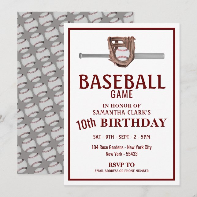 Silver Baseball Bat, Baseball Game Birthday Party Invitation (Front/Back)