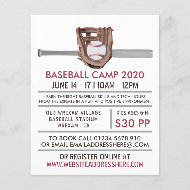 Silver Baseball Bat & Gear, Baseball Camp Advert Flyer (Front)
