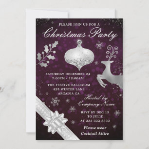 Silver Bauble & Ribbon Christmas Party Invitation
