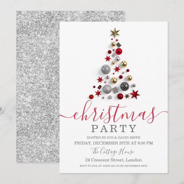 Silver Bauble Tree Holiday Christmas Glitter Invitation (Front/Back)