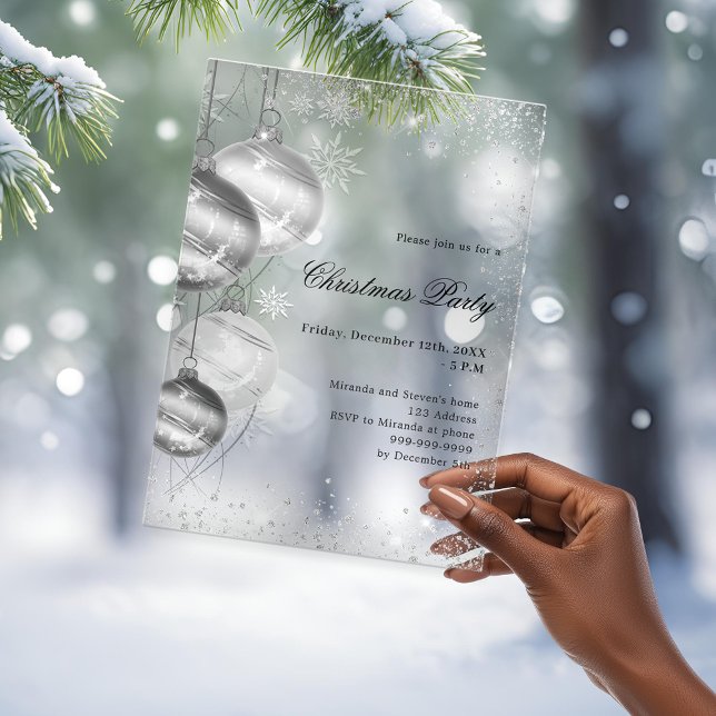 silver baubles frosted Christmas Party Acrylic Invitations (Creator Uploaded)