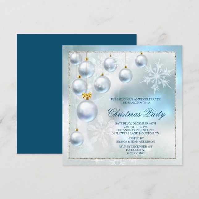Silver Baubles & Snowflakes Christmas Party Invitation (Front/Back)