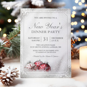 Silver Baubles Snowflakes New Year's Dinner Party Invitation